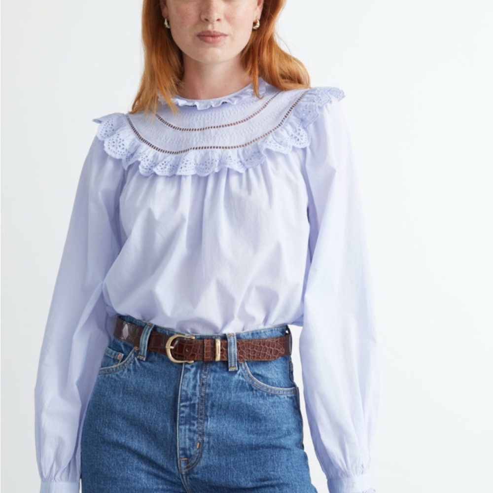 &other stories a-line ruffle embroidery blouse in light blue